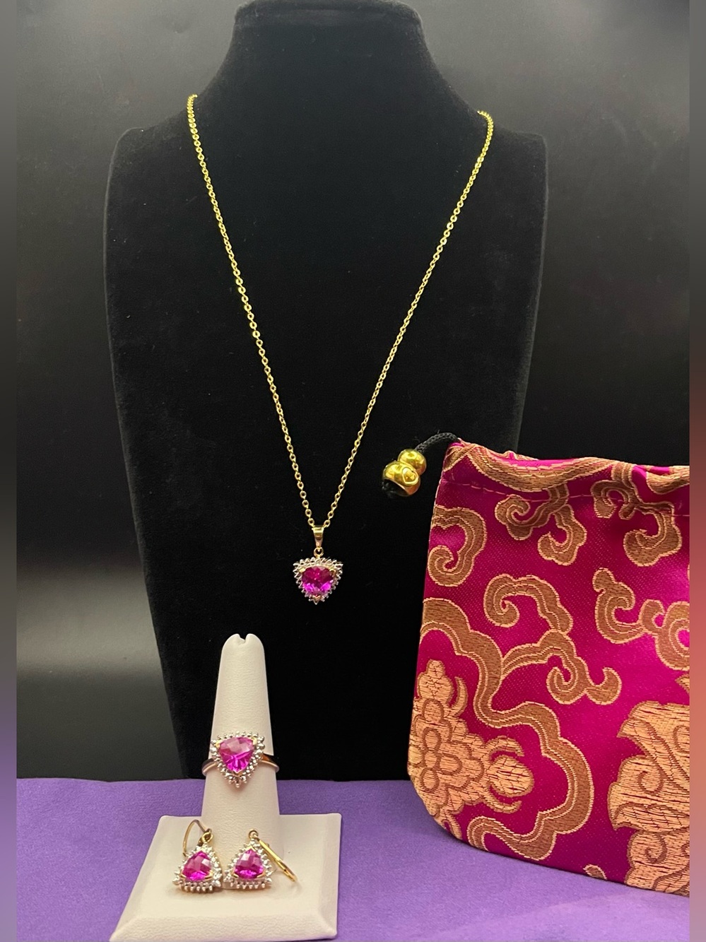 NWOT Ross Simon’s .925 Gold Vermeil Pink Sapphire Heart Necklace, Ring,earrings